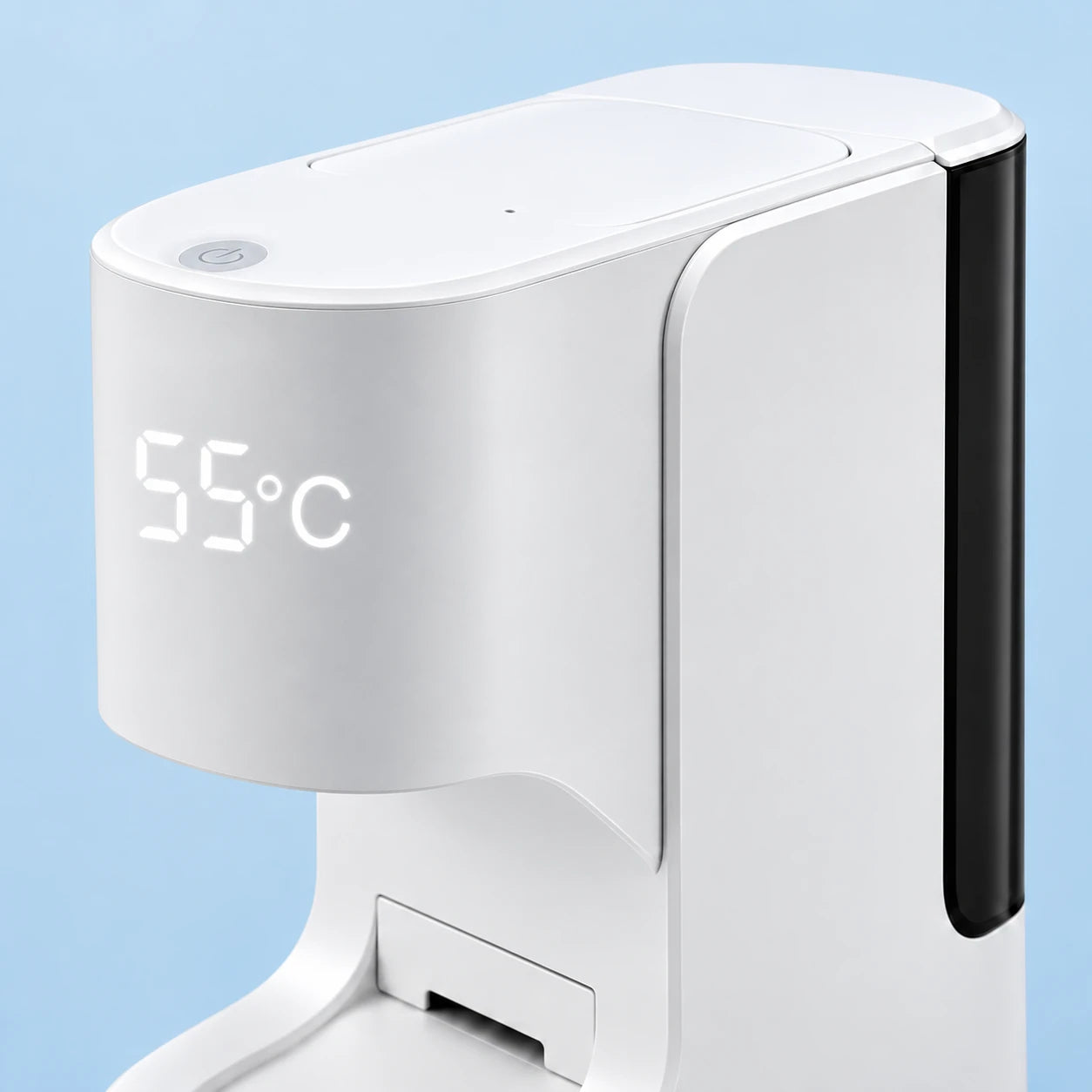 Close-up of the same dispenser showing the top touch control, 55°C display and black rear reservoir