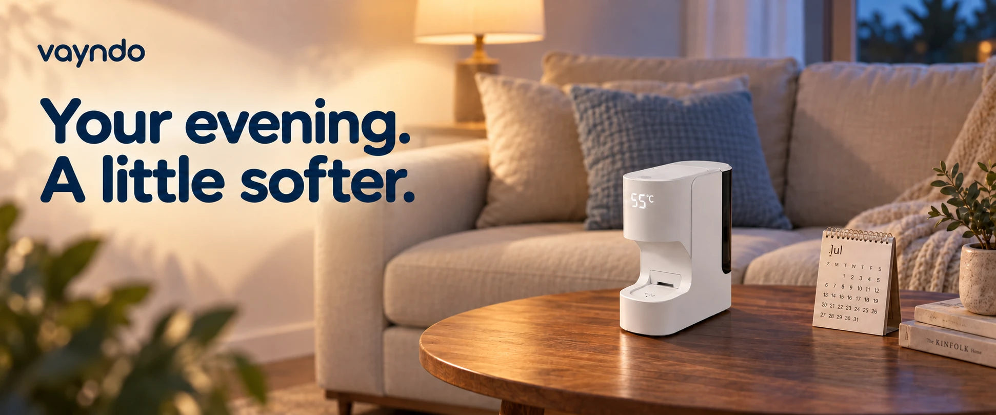 VAYNDO: Your evening. A little softer. Compact dispenser in a warm living-room setting