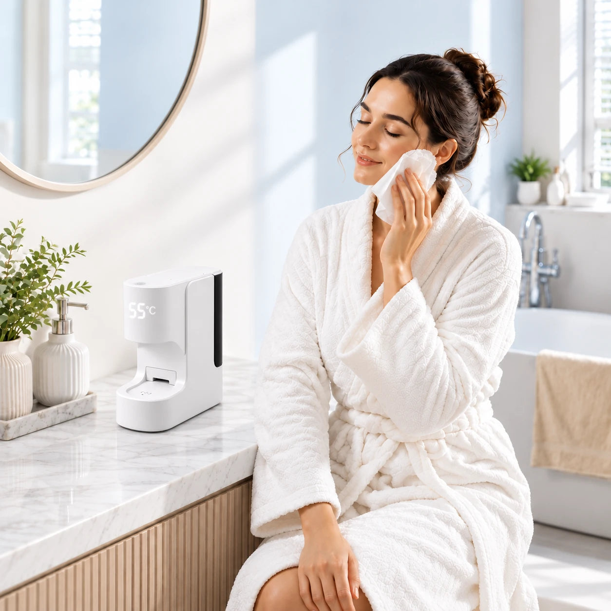 Woman using a thin facial towel beside the white dispenser in a bright bathroom
