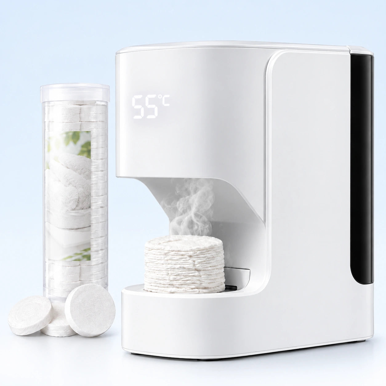 White hot face towel dispenser with 55°C display, compressed facial towels and a refill tube on a soft powder-blue background