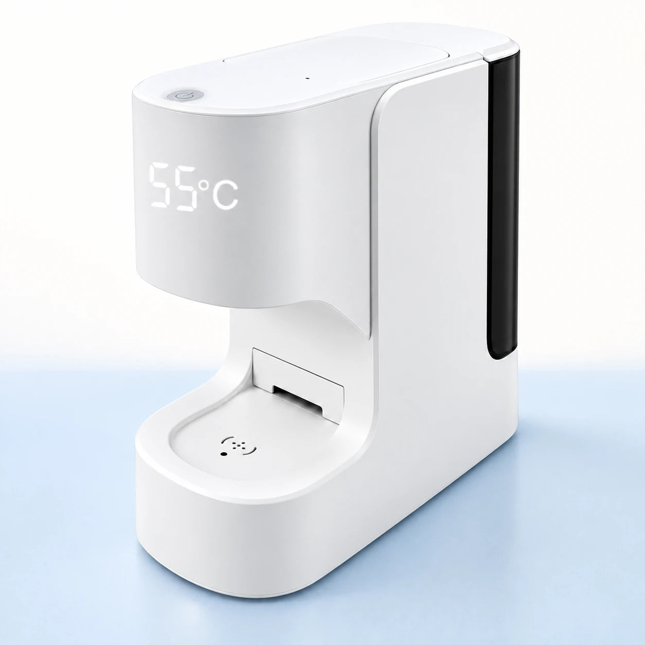 White hot face towel dispenser with an empty tray on a powder-blue studio surface